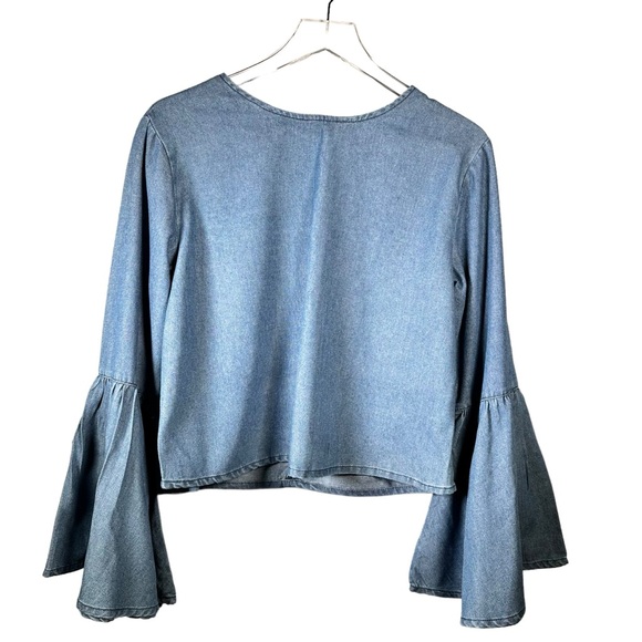 Boohoo Jennifer Flute Sleeve Denim Top Dark Blue Size US 8 UK 12 - Picture 1 of 14